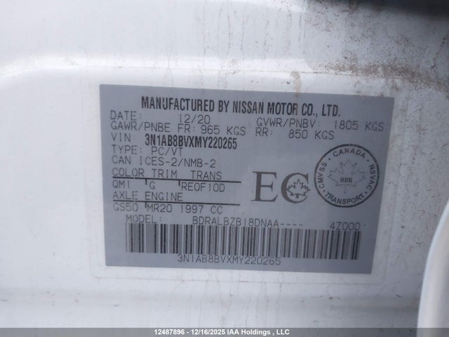 3N1AB8BVXMY220265 Nissan SENTRA S