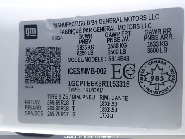 12487934 :رقم المزاد ، 1GCPTEEK5R1153316 vin ، 2024 Chevrolet Colorado Trail Boss 4wd مزاد بيع