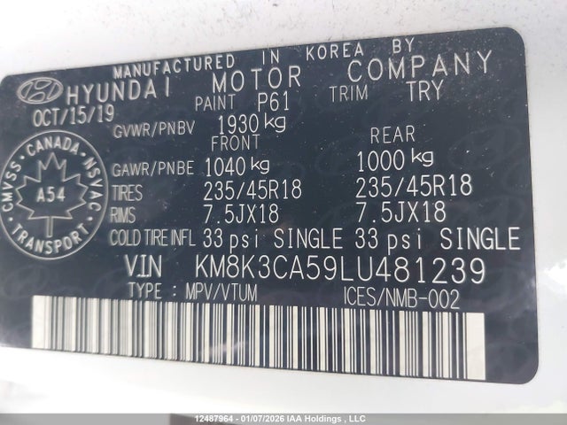 Aukcja sprzedaży 2020 Hyundai Kona Limited, vin: KM8K3CA59LU481239, numer aukcji: 12487964