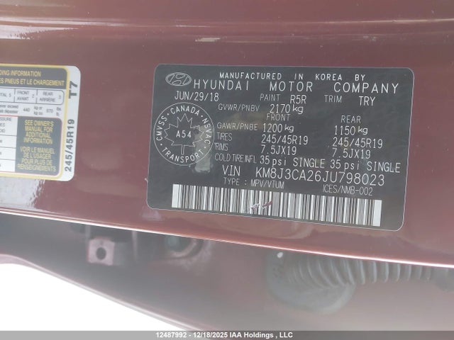 Aukcja sprzedaży 2018 Hyundai Tucson, vin: KM8J3CA26JU798023, numer aukcji: 12487992