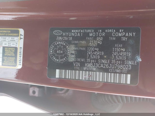 Aukcja sprzedaży 2018 Hyundai Tucson, vin: KM8J3CA26JU798023, numer aukcji: 12487992