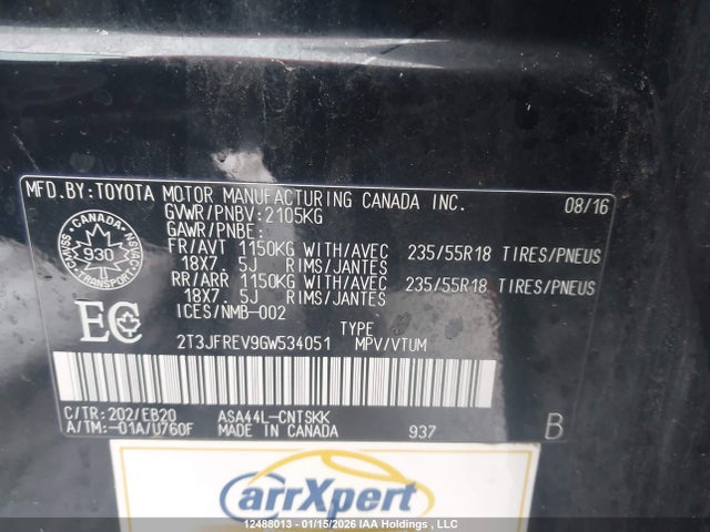 12488013 :رقم المزاد ، 2T3JFREV9GW534051 vin ، 2016 Toyota Rav4 Se مزاد بيع
