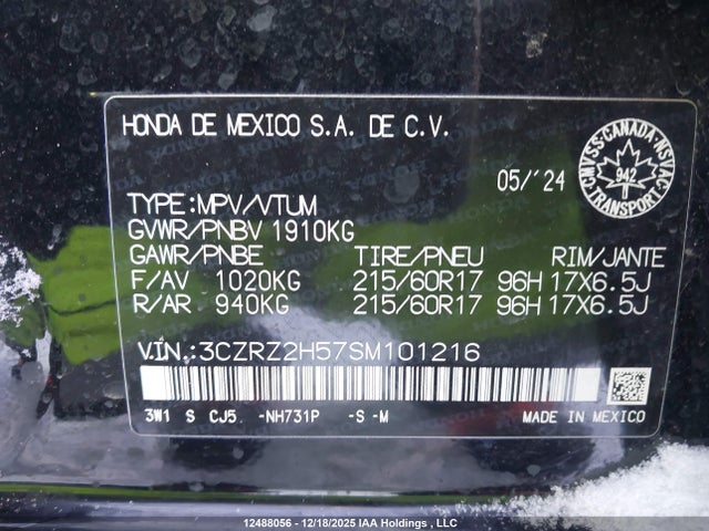 3CZRZ2H57SM101216 Honda HR-V SPORT