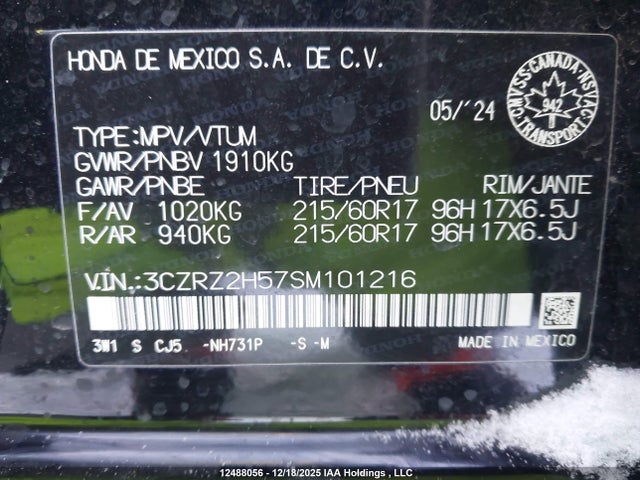 3CZRZ2H57SM101216 Honda HR-V SPORT