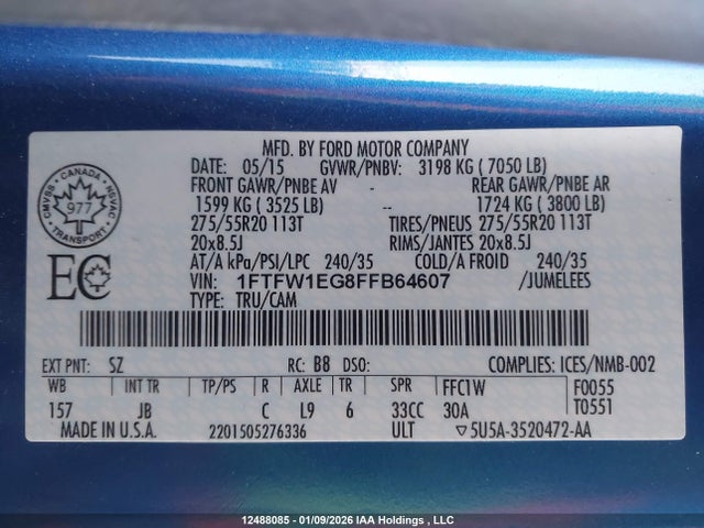 2015 Ford F-150 Xlt მანქანა იყიდება აუქციონზე, vin: 1FTFW1EG8FFB64607, აუქციონის ნომერი: 12488085