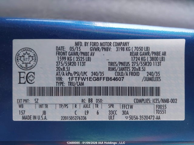 2015 Ford F-150 Xlt მანქანა იყიდება აუქციონზე, vin: 1FTFW1EG8FFB64607, აუქციონის ნომერი: 12488085