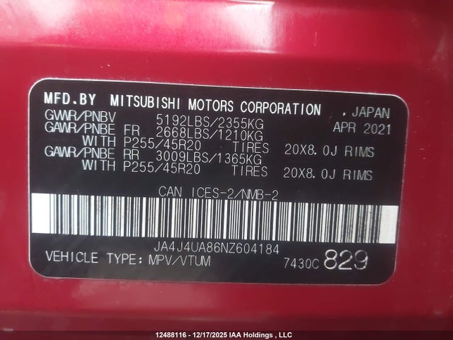 JA4J4UA86NZ604184 Mitsubishi Outlander Se/black Edition