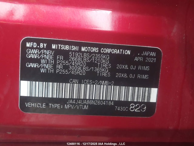 JA4J4UA86NZ604184 Mitsubishi Outlander Se/black Edition
