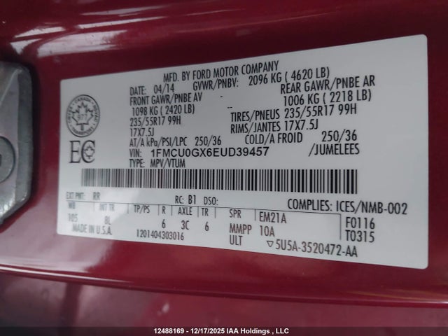 12488169 :رقم المزاد ، 1FMCU0GX6EUD39457 vin ، 2014 Ford Escape Se مزاد بيع
