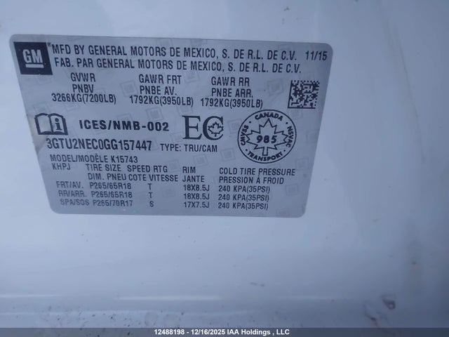 Продаж на аукціоні авто 2016 Gmc Sierra 1500 Slt, vin: 3GTU2NEC0GG157447, номер лоту: 12488198