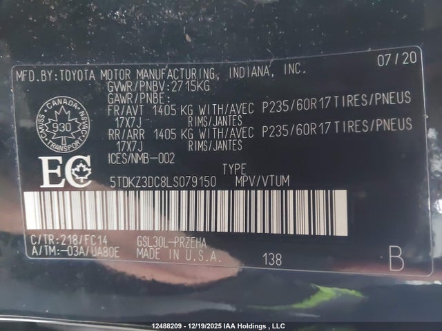 5TDKZ3DC8LS079150 Toyota Sienna
