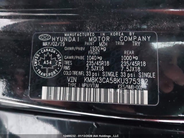 12488232 :رقم المزاد ، KM8K3CA58KU375332 vin ، 2019 Hyundai Kona Limited مزاد بيع
