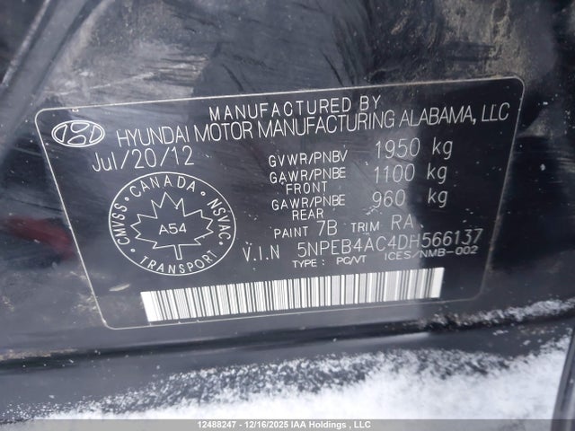 Aukcja sprzedaży 2013 Hyundai Sonata Gls, vin: 5NPEB4AC4DH566137, numer aukcji: 12488247