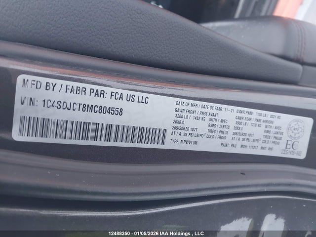 Продажа на аукционе авто 2021 Dodge Durango R/t, vin: 1C4SDJCT8MC804558, номер лота: 12488250