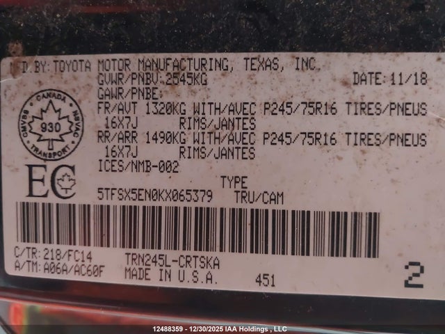 5TFSX5EN0KX065379 Toyota Tacoma Access Cab/sr/sr5