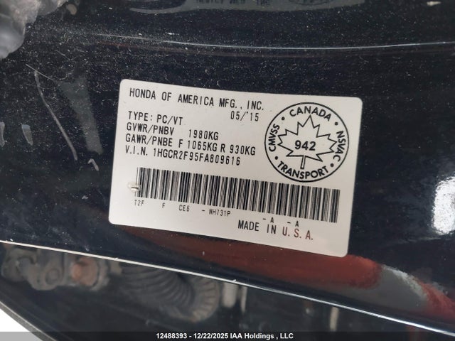 12488393 :رقم المزاد ، 1HGCR2F95FA809616 vin ، 2015 Honda Accord Touring مزاد بيع