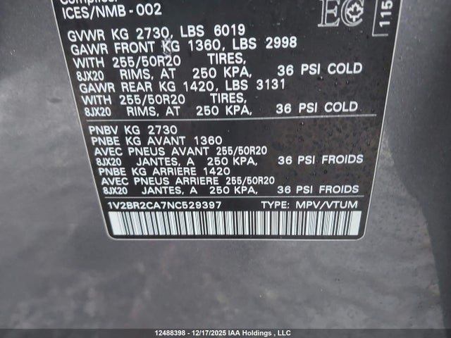 1V2BR2CA7NC529397 Volkswagen Atlas 3.6 Fsi Highline