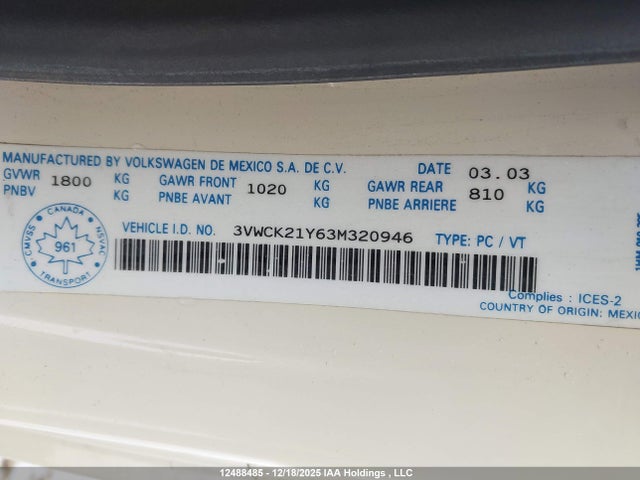 12488485 :رقم المزاد ، 3VWCK21Y63M320946 vin ، 2003 Volkswagen New Beetle Gls مزاد بيع