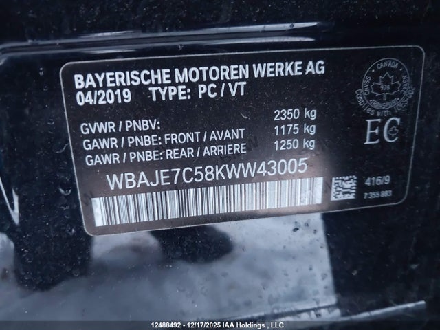BMW 540 XI 2019 WBAJE7C58KWW43005 Image 9