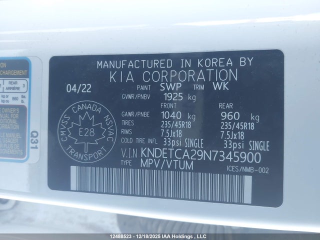 Продажа на аукционе авто 2022 Kia Seltos Sx Turbo W/black Interior/sx Turbo W/burgundy Interior, vin: KNDETCA29N7345900, номер лота: 12488523