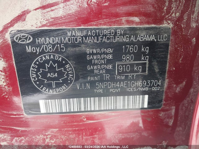 5NPDH4AE1GH693704 Hyundai ELANTRA GL