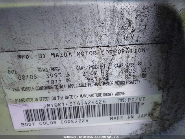 Aukcja sprzedaży 2006 Mazda Mazda3 Gs/gt, vin: JM1BK143161424626, numer aukcji: 12488590