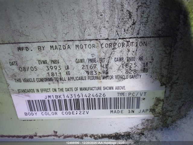 Aukcja sprzedaży 2006 Mazda Mazda3 Gs/gt, vin: JM1BK143161424626, numer aukcji: 12488590
