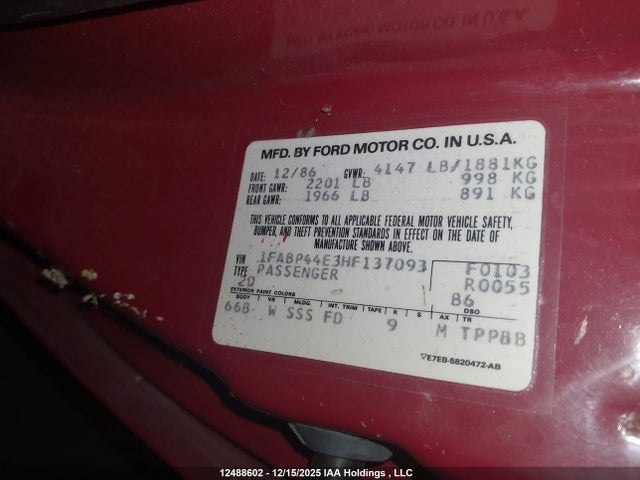 Продажа на аукционе авто 1987 Ford Mustang Lx, vin: 1FABP44E3HF137093, номер лота: 12488602