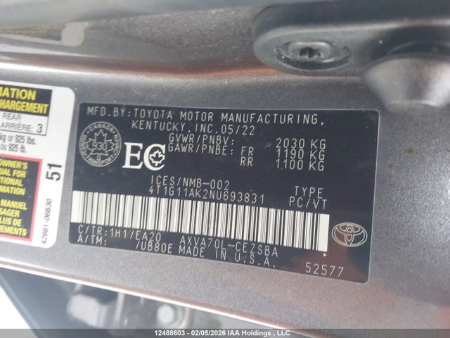 12488603 :رقم المزاد ، 4T1G11AK2NU693831 vin ، 2022 Toyota Camry Se مزاد بيع