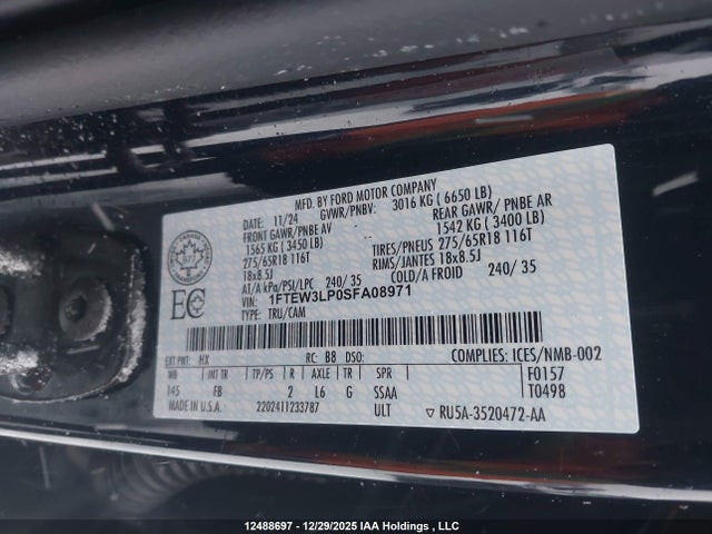 Aukcja sprzedaży 2025 Ford F-150, vin: 1FTEW3LP0SFA08971, numer aukcji: 12488697
