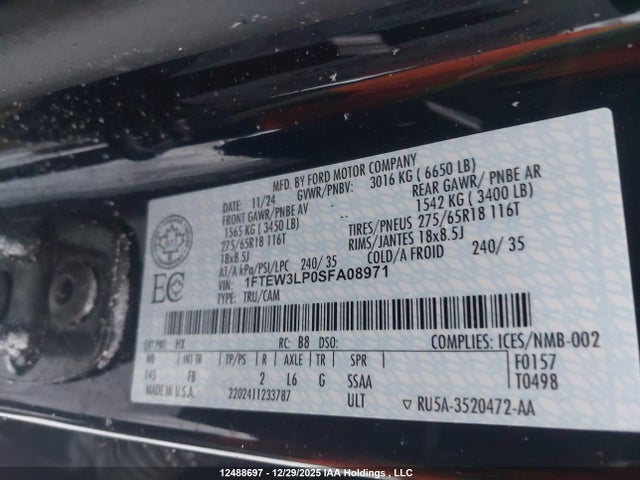 Aukcja sprzedaży 2025 Ford F-150, vin: 1FTEW3LP0SFA08971, numer aukcji: 12488697