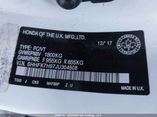SHHFK7H97JU304508 Honda l15ba