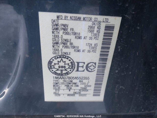 2005 Nissan Titan Xe მანქანა იყიდება აუქციონზე, vin: 1N6AA07B05N552355, აუქციონის ნომერი: 12488734