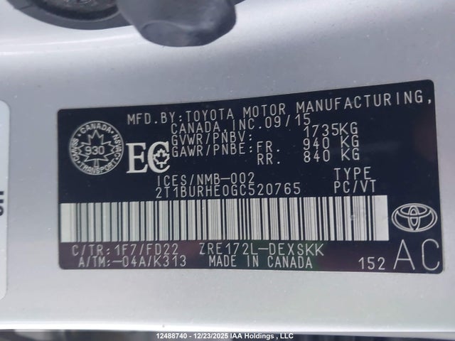 Aukcja sprzedaży 2016 Toyota Corolla S, vin: 2T1BURHE0GC520765, numer aukcji: 12488740
