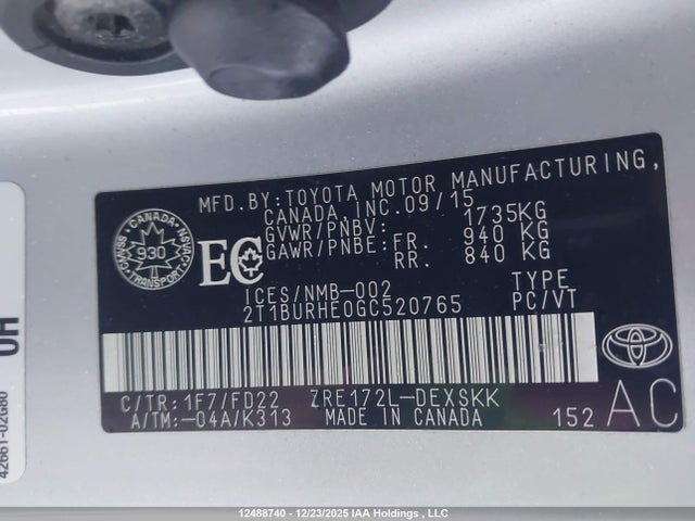 Aukcja sprzedaży 2016 Toyota Corolla S, vin: 2T1BURHE0GC520765, numer aukcji: 12488740