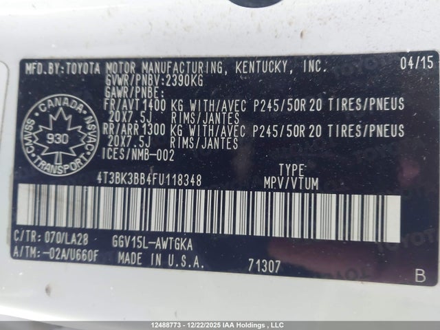 4T3BK3BB4FU118348 Toyota Venza Le/xle/limited