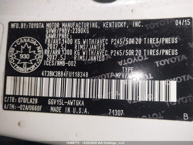 4T3BK3BB4FU118348 Toyota Venza Le/xle/limited