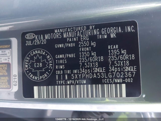 5XYPHDA53LG702367 KIA Sorento Ex/s