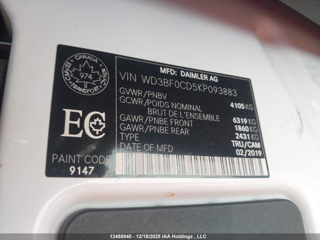 2019 Mercedes-benz Sprinter 2500/3500 მანქანა იყიდება აუქციონზე, vin: WD3BF0CD5KP093883, აუქციონის ნომერი: 12488840