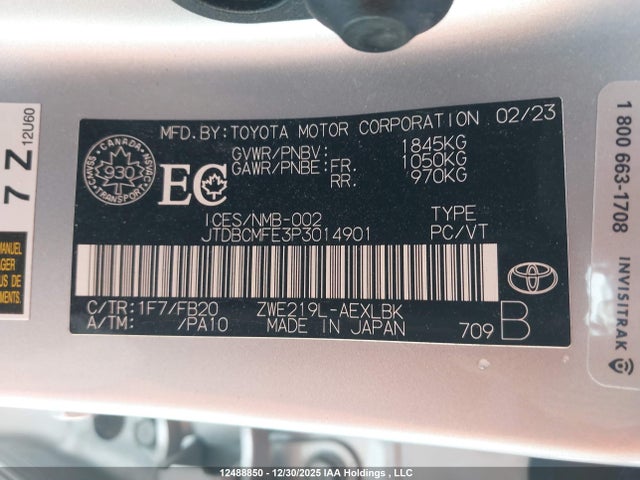 Aukcja sprzedaży 2023 Toyota Corolla Hybrid Le, vin: JTDBCMFE3P3014901, numer aukcji: 12488850