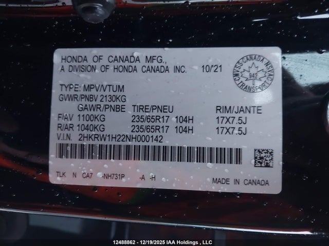2HKRW1H22NH000142 Honda CR-V LX