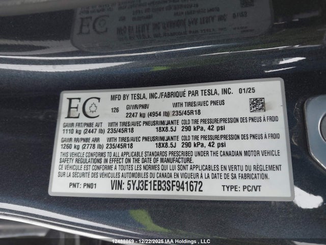 5YJ3E1EB3SF941672 Tesla Model 3 Long Range