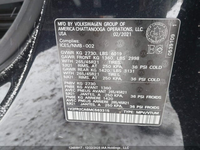1V2FR2CA6MC563315 Volkswagen Atlas Sel Premium R-line