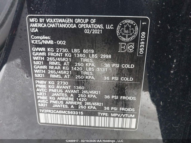 1V2FR2CA6MC563315 Volkswagen Atlas Sel Premium R-line
