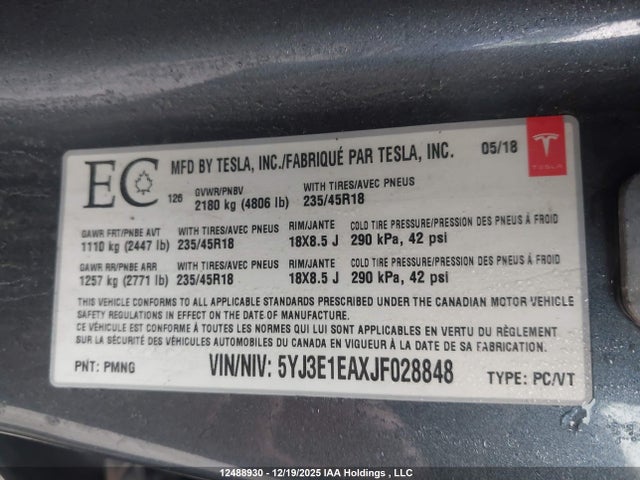 5YJ3E1EAXJF028848 Tesla Model 3 Long Range/mid Range