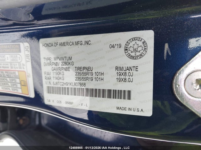 5J8TC2H91KL807858 Acura Rdx Platinum Elite
