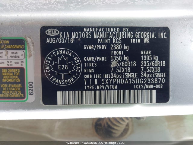 5XYPHDA15HG233870 KIA SORENTO EX