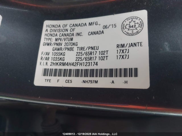 12489013 :رقم المزاد ، 2HKRM4H42FH123174 vin ، 2015 Honda Cr-v Se مزاد بيع