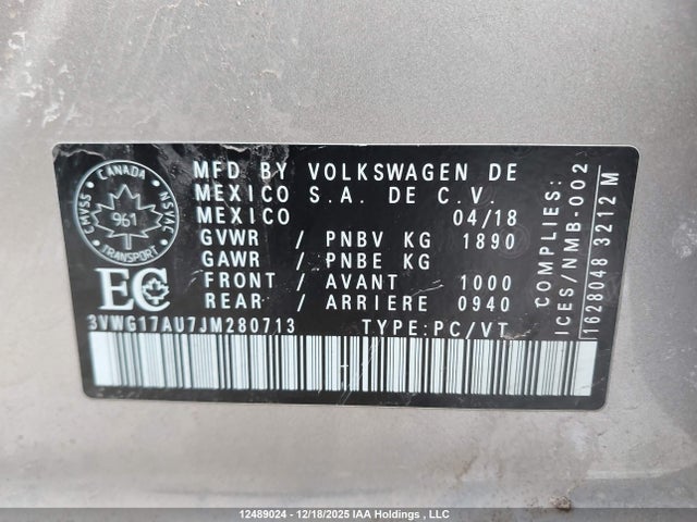 2018 Volkswagen Golf მანქანა იყიდება აუქციონზე, vin: 3VWG17AU7JM280713, აუქციონის ნომერი: 12489024