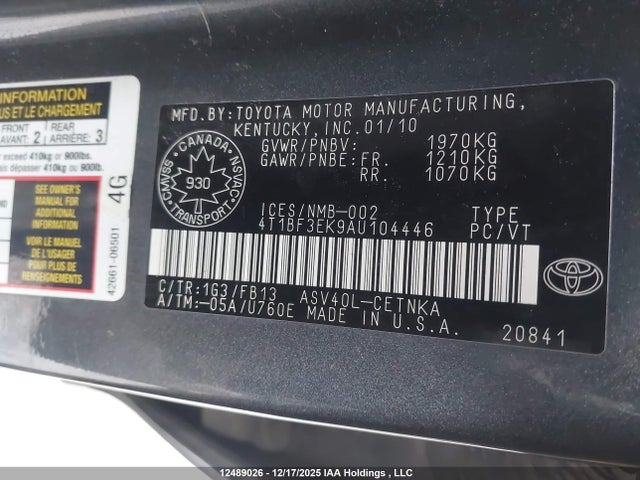 2010 Toyota Camry Se/le/xle მანქანა იყიდება აუქციონზე, vin: 4T1BF3EK9AU104446, აუქციონის ნომერი: 12489026